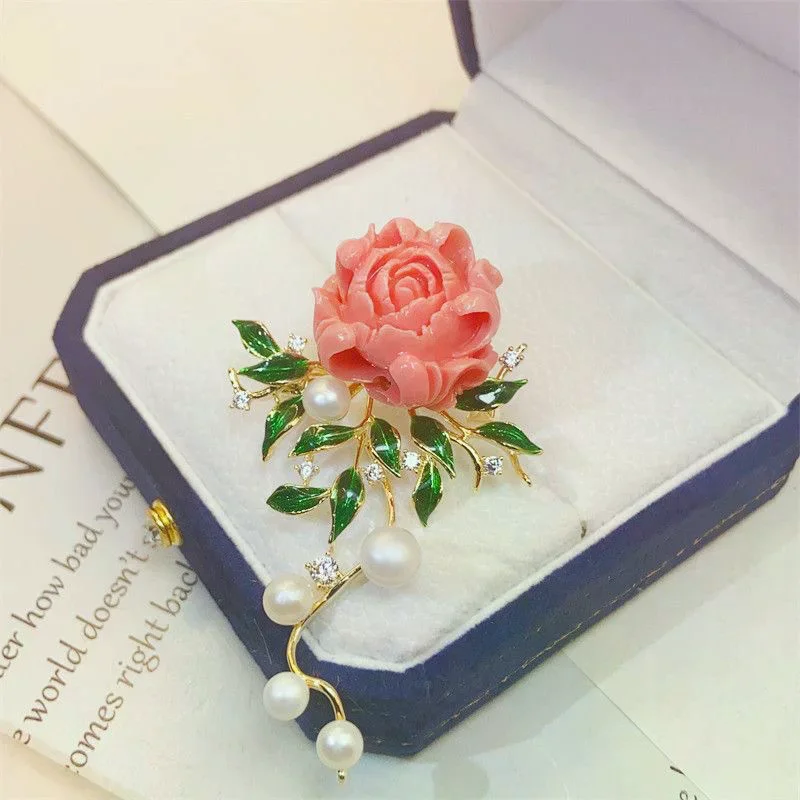 Fashion Pink Peony Flower Pearls Brooches For Women Clothing Coat Jewelry Accessories Gifts