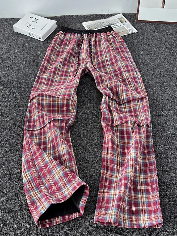 

Retro American Red Plaid Fce Lined Trousers Men Women Autumn Drape Loose Wide Leg Pants Slimming Casual Straight Leg Pants