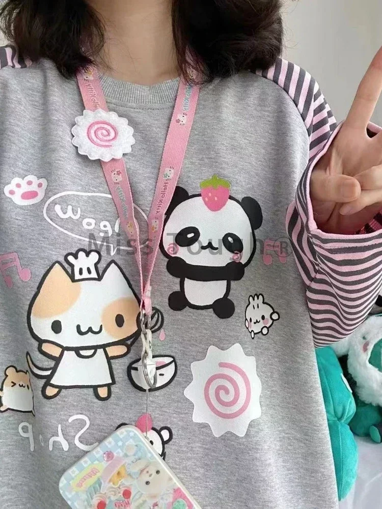 Y2k Harajuku Kawaii Striped T-shirts Women Japanese Fashion Patchwork Cartoon Print Tops Female Sweet Cat Design Casual Tees New