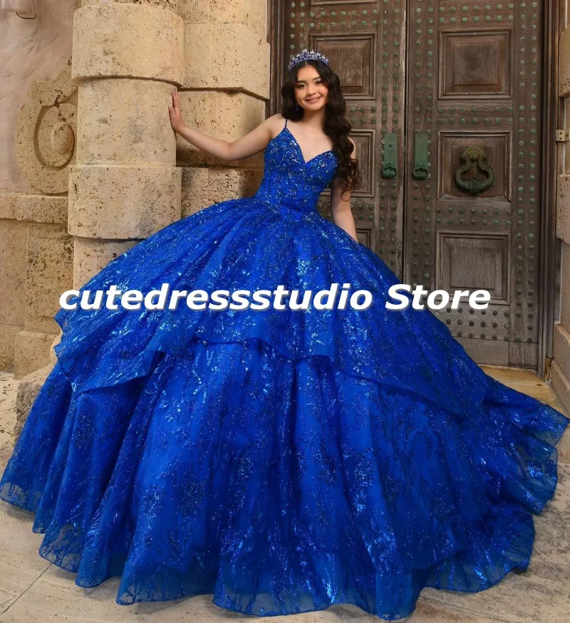 Vestido De quinceañera azul con lentejuelas para niñas, Vestido modesto, dulce Vestido De fiesta De cumpleaños De 16 Años