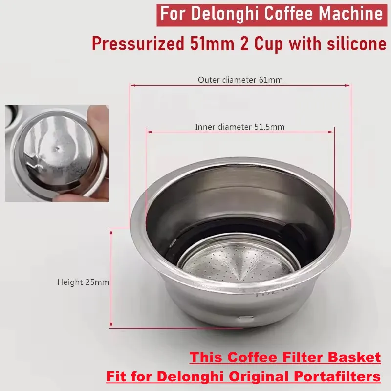 Pressurized 51mm Filter Basket Built-in Silicone Ring,Fits Original De\'Longhi Dedica EC685 EC680 Portafilter Filter Accessories