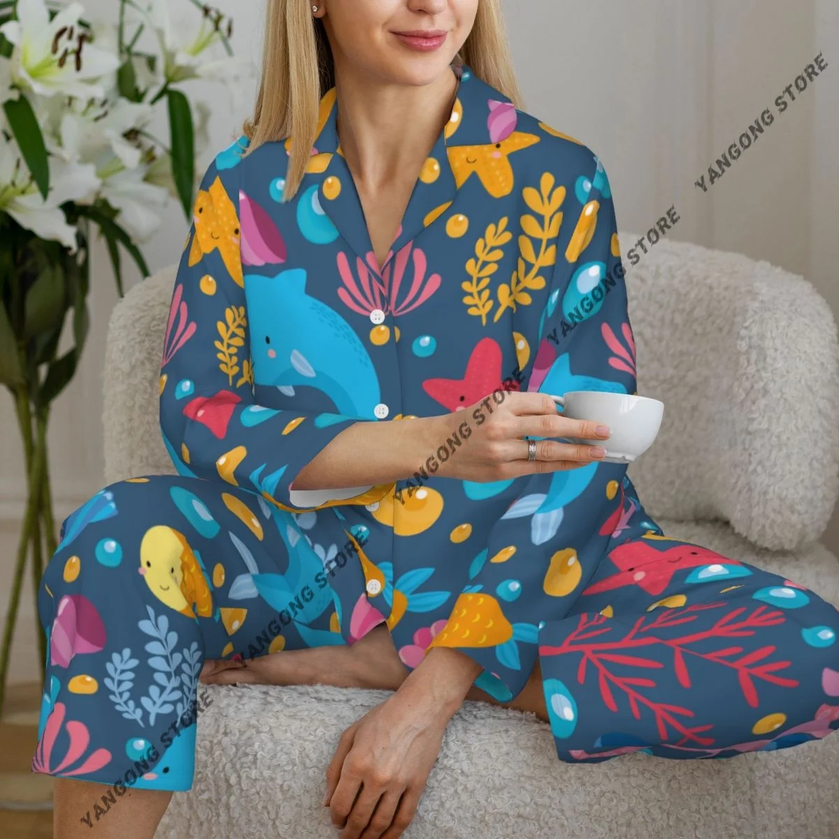 Spring and Autumn Pajama Set Women's Long Sleeve Pants Two Piece Colorful Fish Dolphin Crab Seaweed Home Furnishing Set