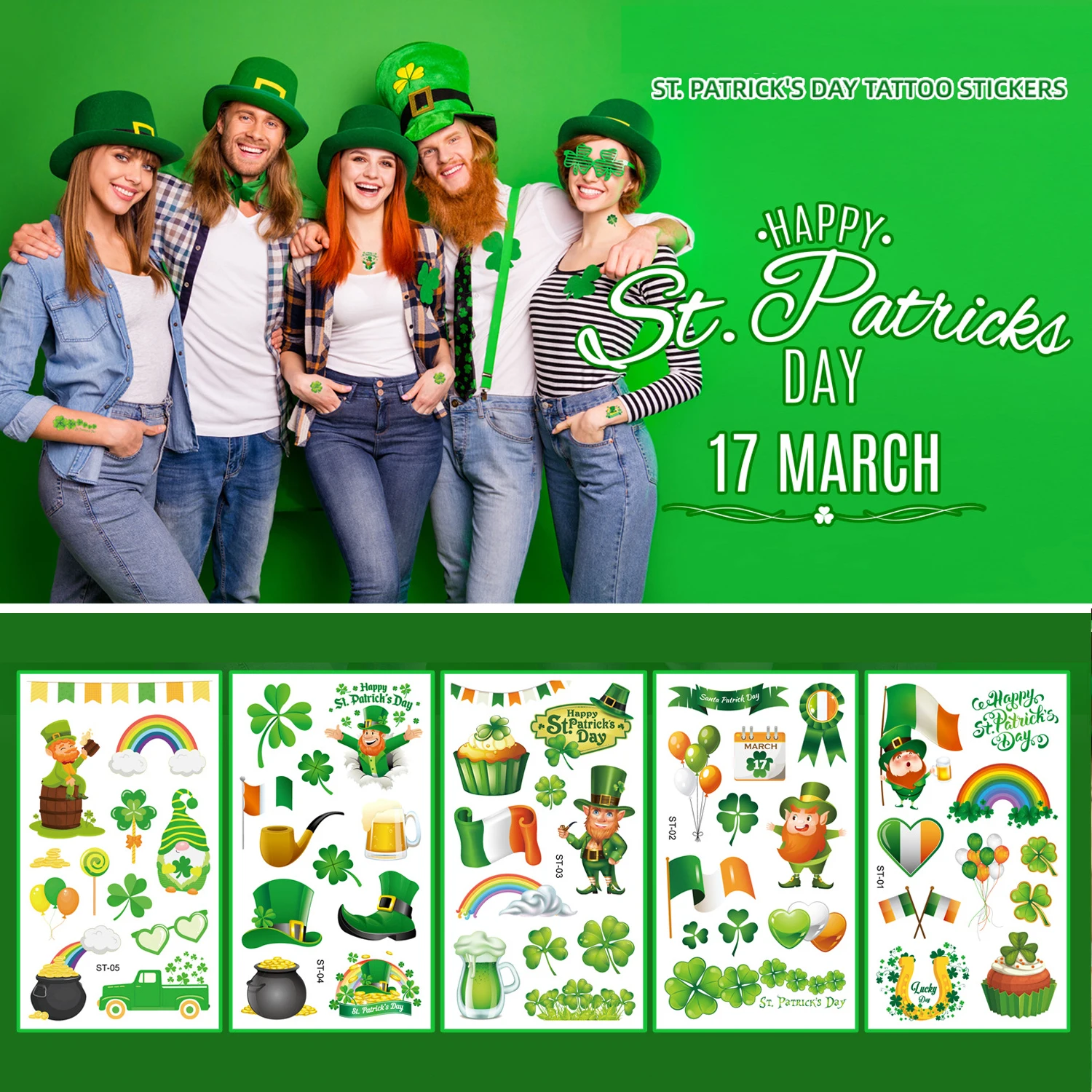 10pcs St Patricks Day Tattoo Sticker Clover Green hat Temporary Tattoo Stickers Baby Shower Kids Body Makeup Sticker Tattoos