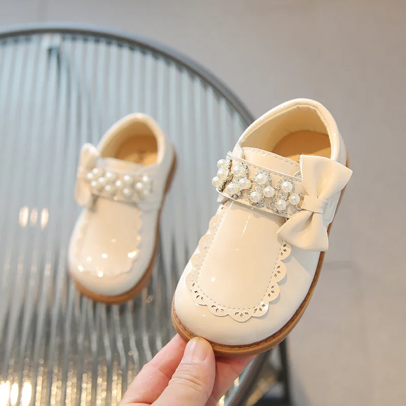 

Girls Leather Shoes Fashion Pearl Cute Bow Casual Kids Sneakers 2023 Spring Infant Little Girl Shoes