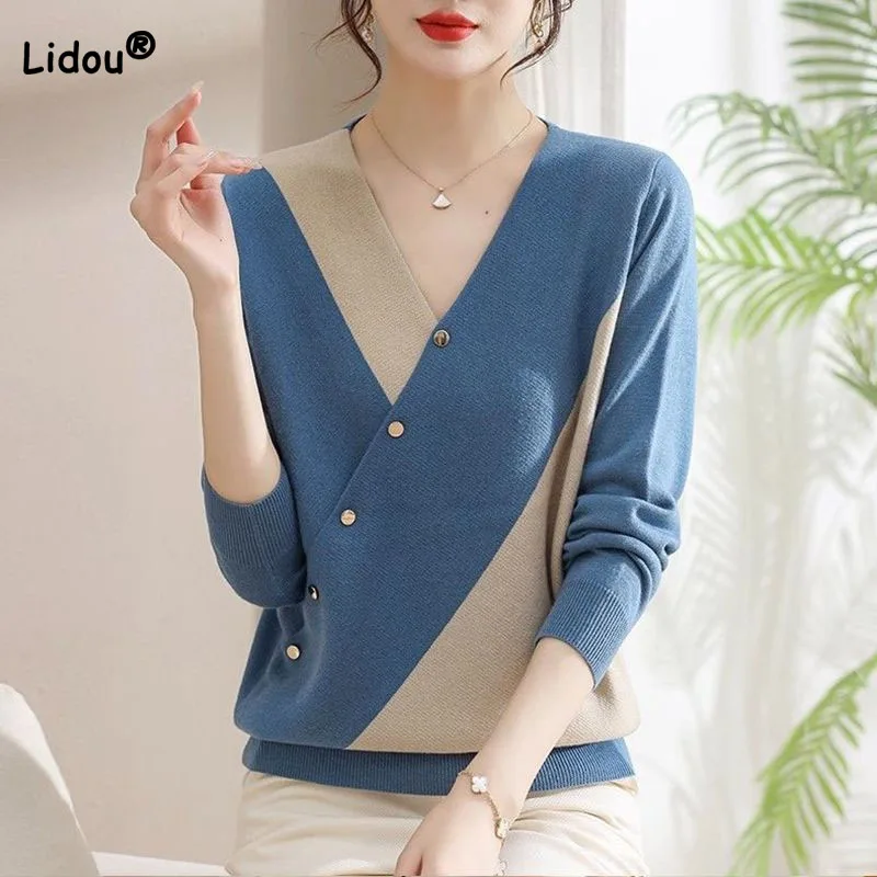 Autumn Winter Elegant Fashion Button Knitted Pullovers Office Lady Asymmetrical Patchwork Commute Sweaters Women\'s Clothing