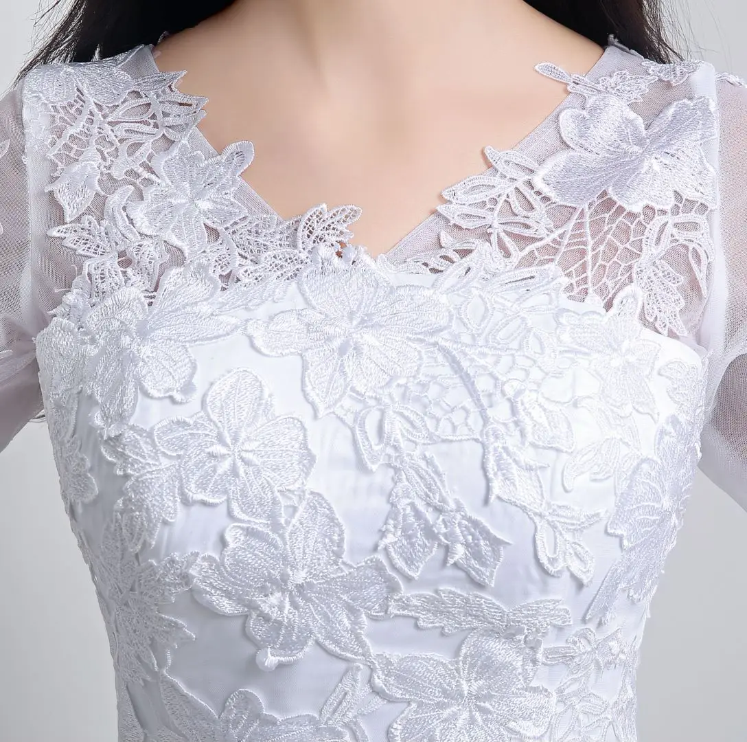 Vestido de noche blanco elegante, vestido de novia para mujer, Apliques de tul de encaje con cuello en V, mangas largas, vestidos formales de fiesta para dama de honor