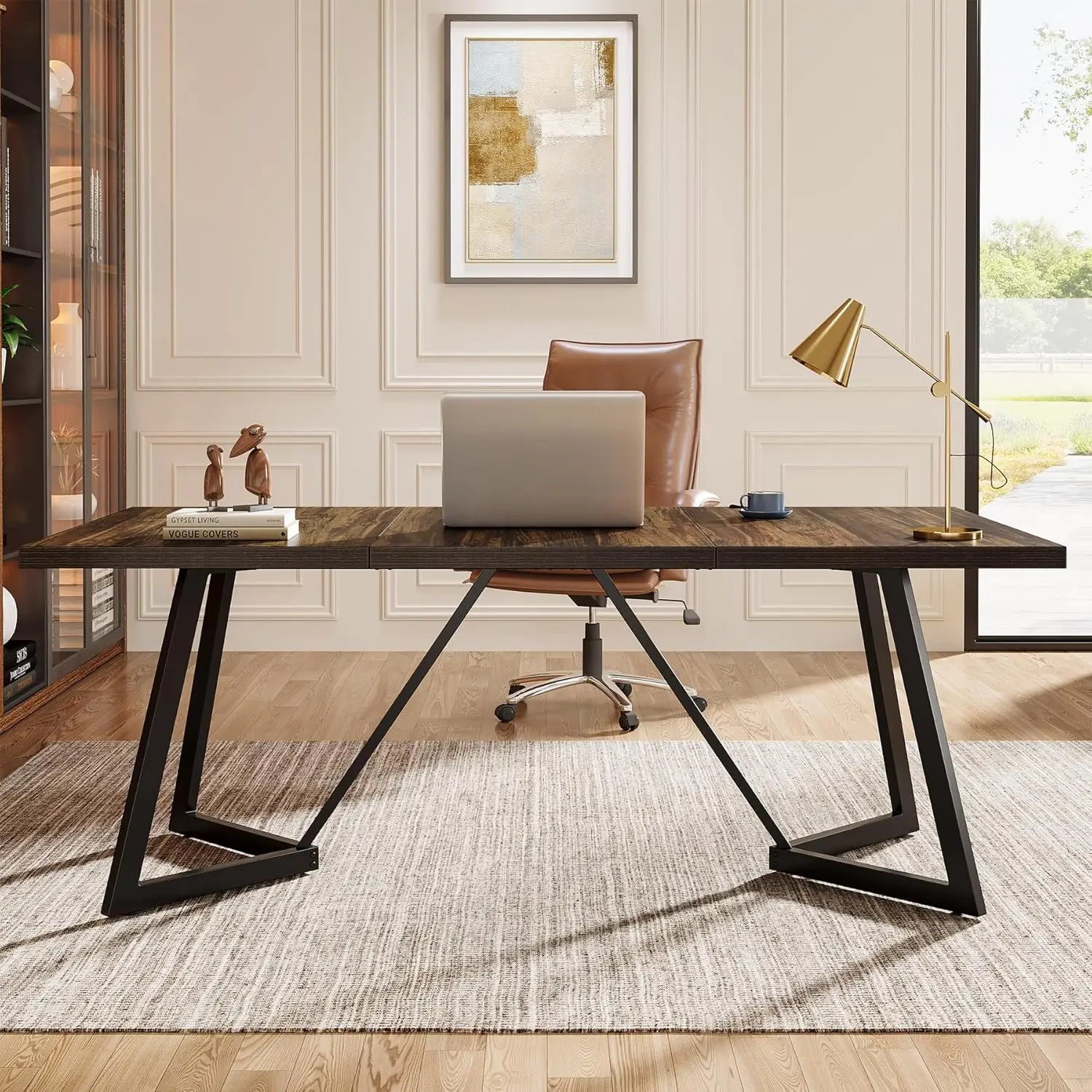 70.86-Inch Large Executive Desk, Modern Computer Office Desk Workstation with Metal Frame, Writing Table for Home Office