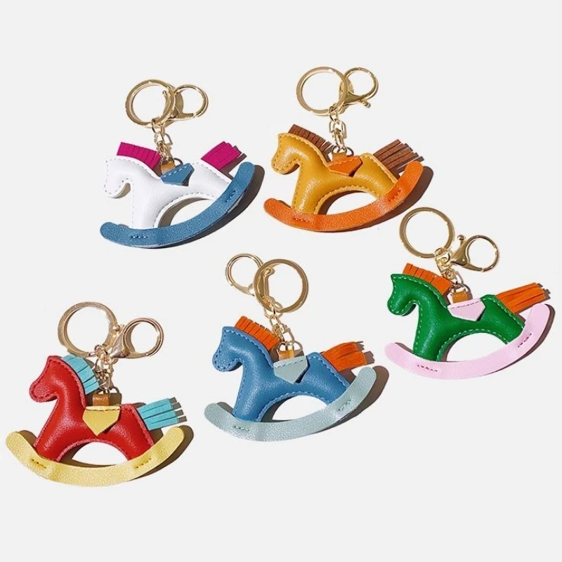 Women Leather Charms Bag Pendant KeyChain Cartoon Pony Rocking Horses Keyring Cute Animal Ornament Accessories Decoration Gift