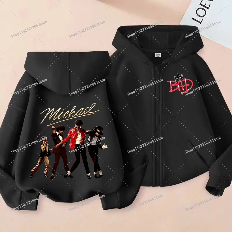 Musician Michael Jackson Zipper Coats for Boys Girls Anime Cartoon Printed Hooded Sports Coat Children Outdoor Fashion Jackets