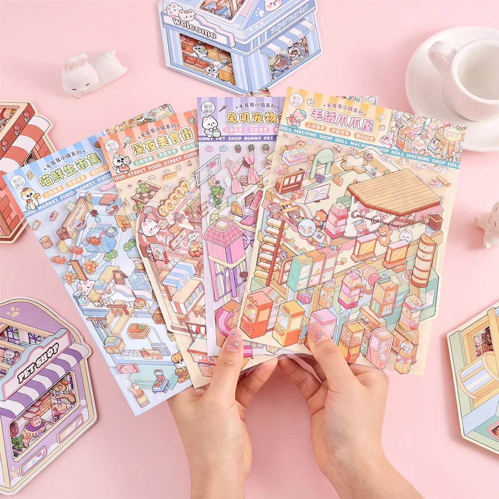 4 عبوات/مجموعة ملصقات كرتونية ثلاثية الأبعاد للأطفال DIY سكرابوكينغ مشاهد مصغرة ملصقات قرطاسية مصنوعة يدويًا