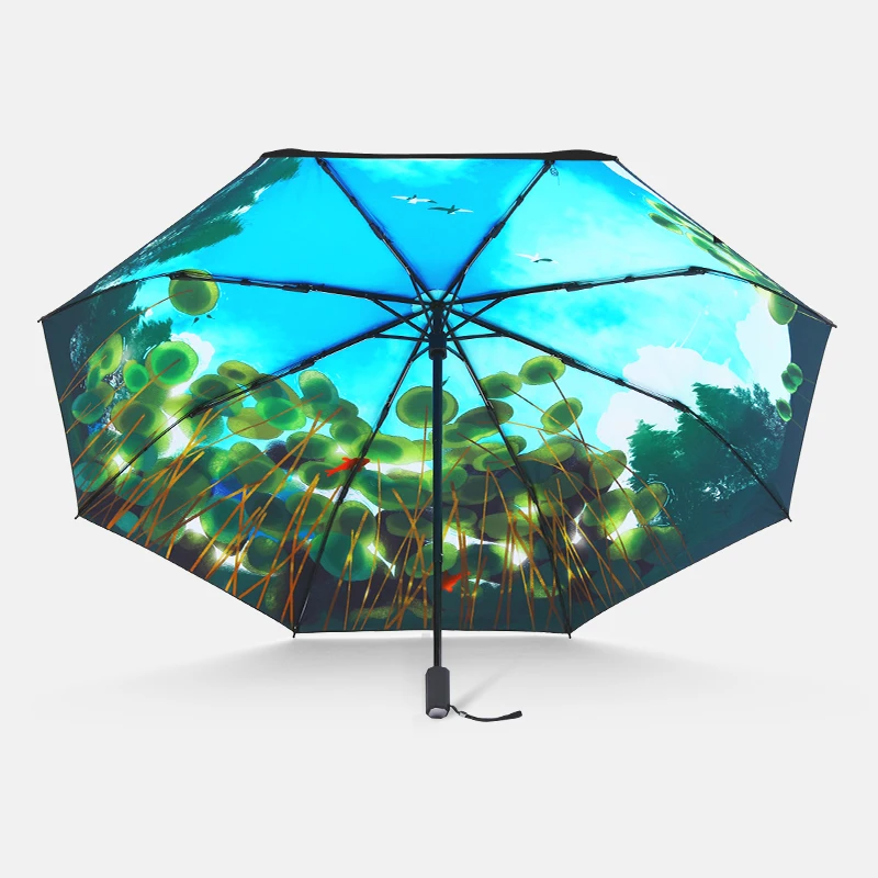 Lake view three fold folding umbrella travel pastoral breeze small fresh black rubber sun protection umbrella for men and women