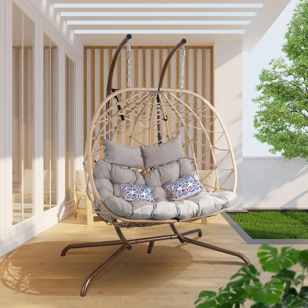 

Customizable Outdoor Egg Swing Chair with Stand, 2 Person Patio Swing with Thick Cushions and Pillows, Wicker Double