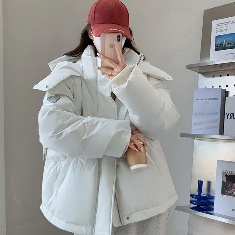 

Women Harajuku Winter Couple Bread Style Outerwear Casual Thick Warm Hooded Parkas Korean Heart Shaped Short Down Cotton Jacket