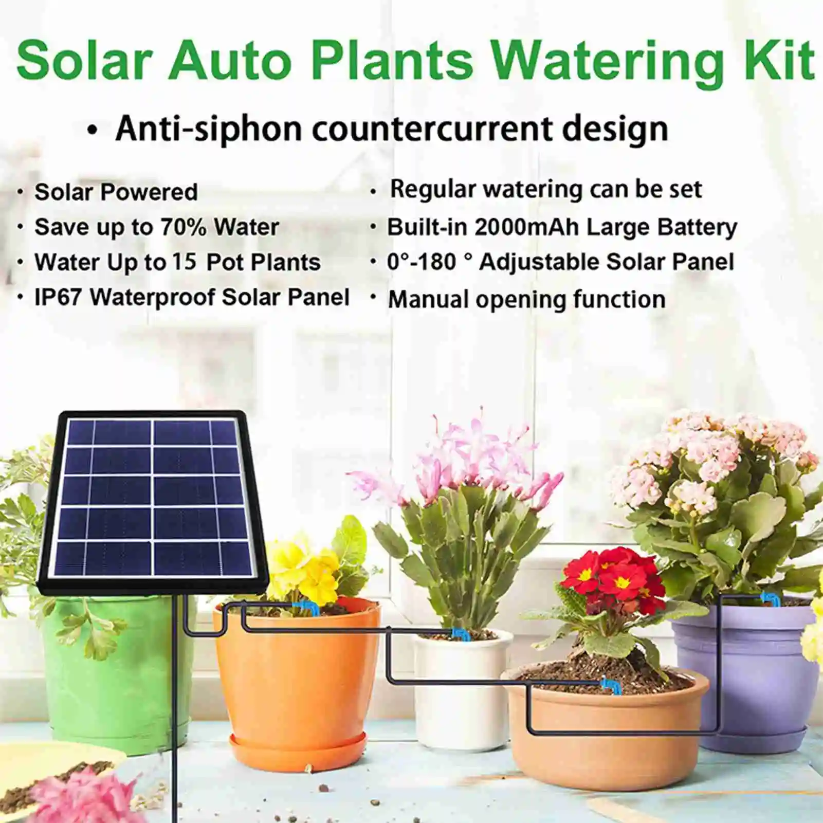 Solar Automatic Watering System IP67 Water Resistant Solar Automatic Drip Irrigation Kit System with Anti Siphoning