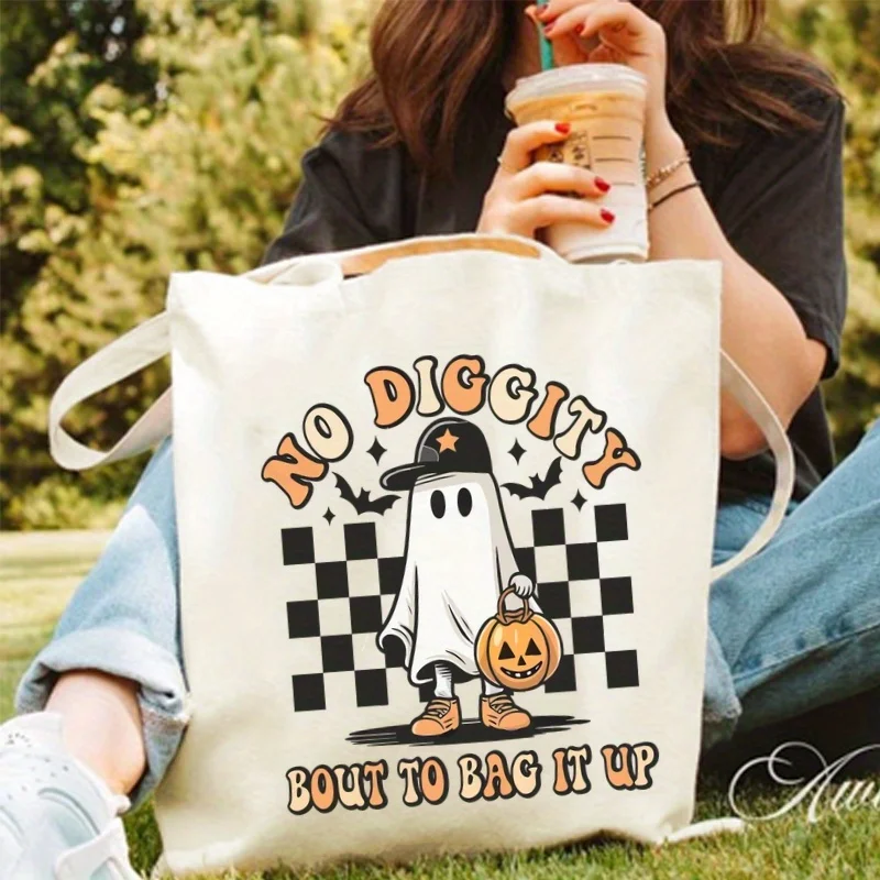 Halloween Bag Tote Bag Handbag, Large Capacity Trendy Simple Style Durable Canvas Bags Outdoor Picnic Party Traveling Shopping
