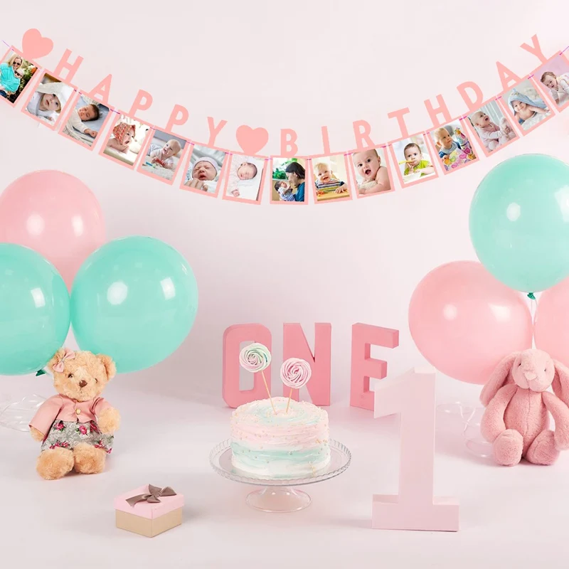 Happy Birthday Photo Frame Banner First 1st Bithday Party Decoration Kids Baby Boy Girl One Year 12 Month Newborn Photo Garland