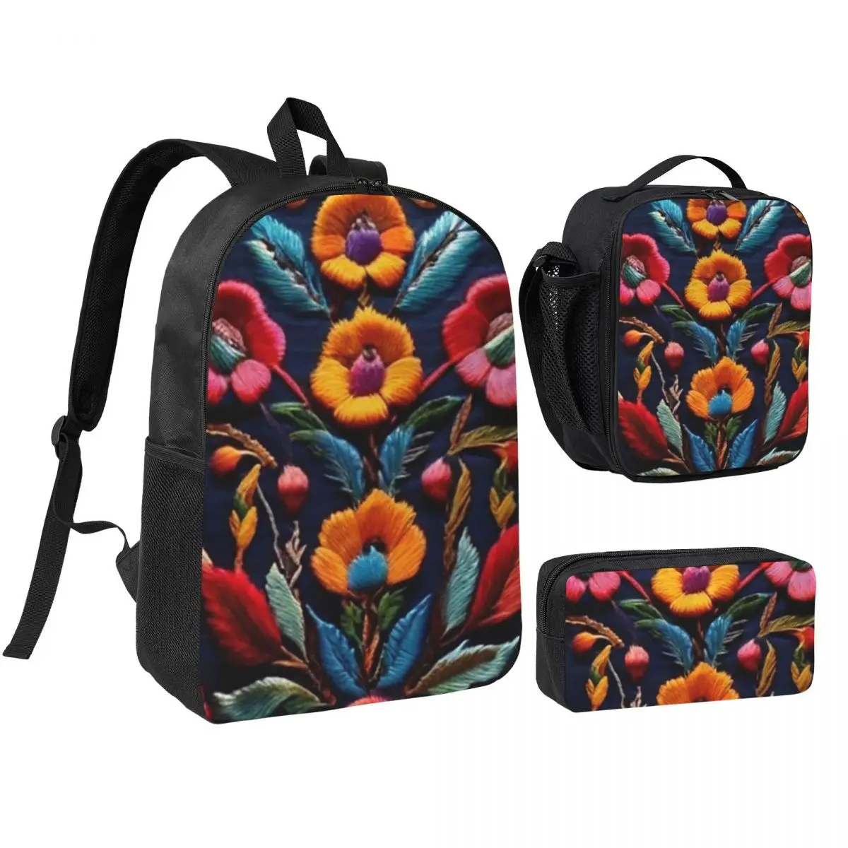 

Mexican Embroidery Floral Backpack Boys Girls BookBag School Bag Shoulder Bags 3ps Insulated Lunch Bag Pencil Case