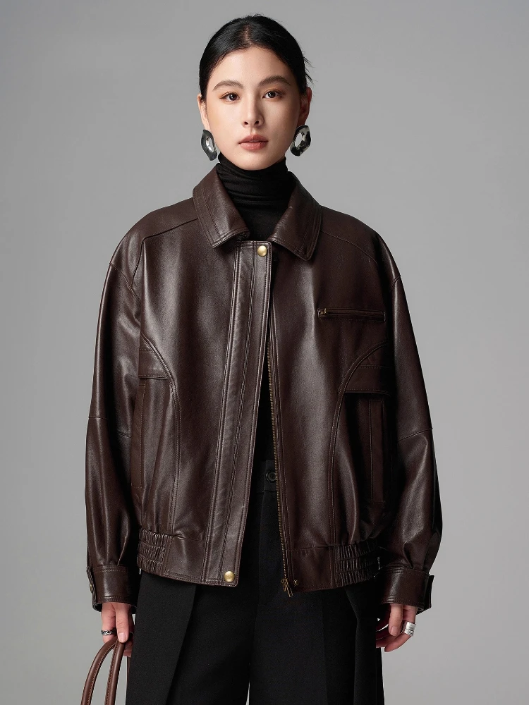 Chaquetas Vintage de cuero genuino para motocicleta para mujer Otoño Invierno 2026 abrigo de piel de oveja auténtica de cera de aceite suave suelto Simple de gama alta