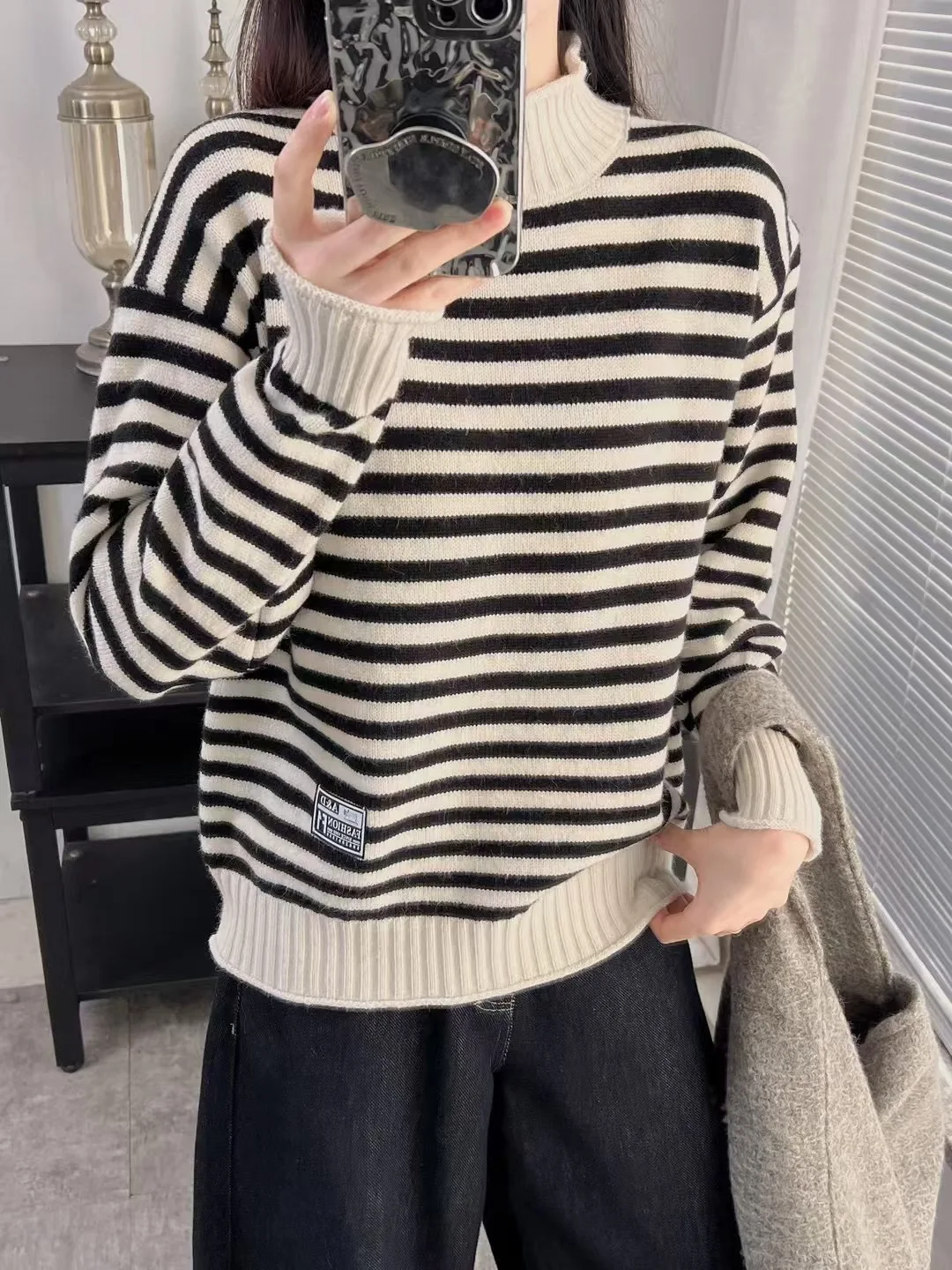 

Осень-зима женский трикотаж верблюжьего цвета, свободный длинный све с высоким воротником в стиле пэчворк, полосатая термостойкая основа irt Swe...