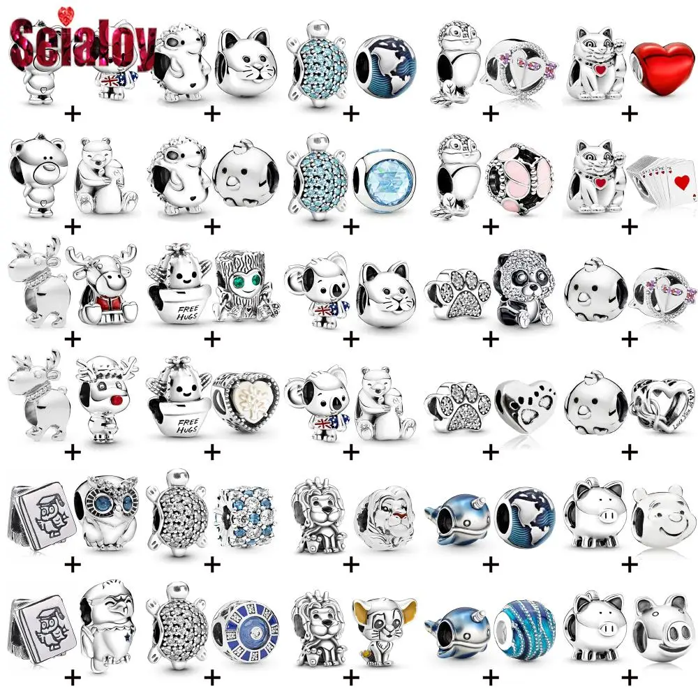 Seialoy 2pcs/lot Animal Owl Panda Beads Turtle Whale Charm Silver Color Cat Chick Heart Beaded Fit DIY Bracelet Accessory