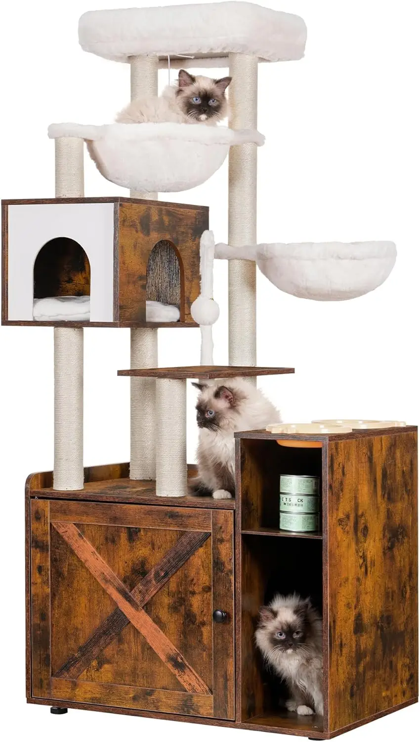 

Tree with Litter Box Enclosure, Modern Cat Tower for Indoor Cats with Large Platform, Condo Food Station