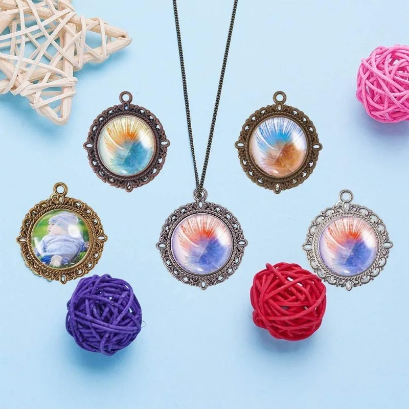 50pcs 20mm Pendant Trays 25pcs Photo Charms Flat Round Pendant Bezel 25pcs Glass Cabochon Dome Tiles Clear Cameo for Wedding