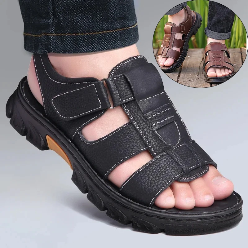 Men's Sandals Adjustable Solid Color Shoes Summer Casual Comfort with Durable Rubber Sole, Breathable PU for Outdoor Walking