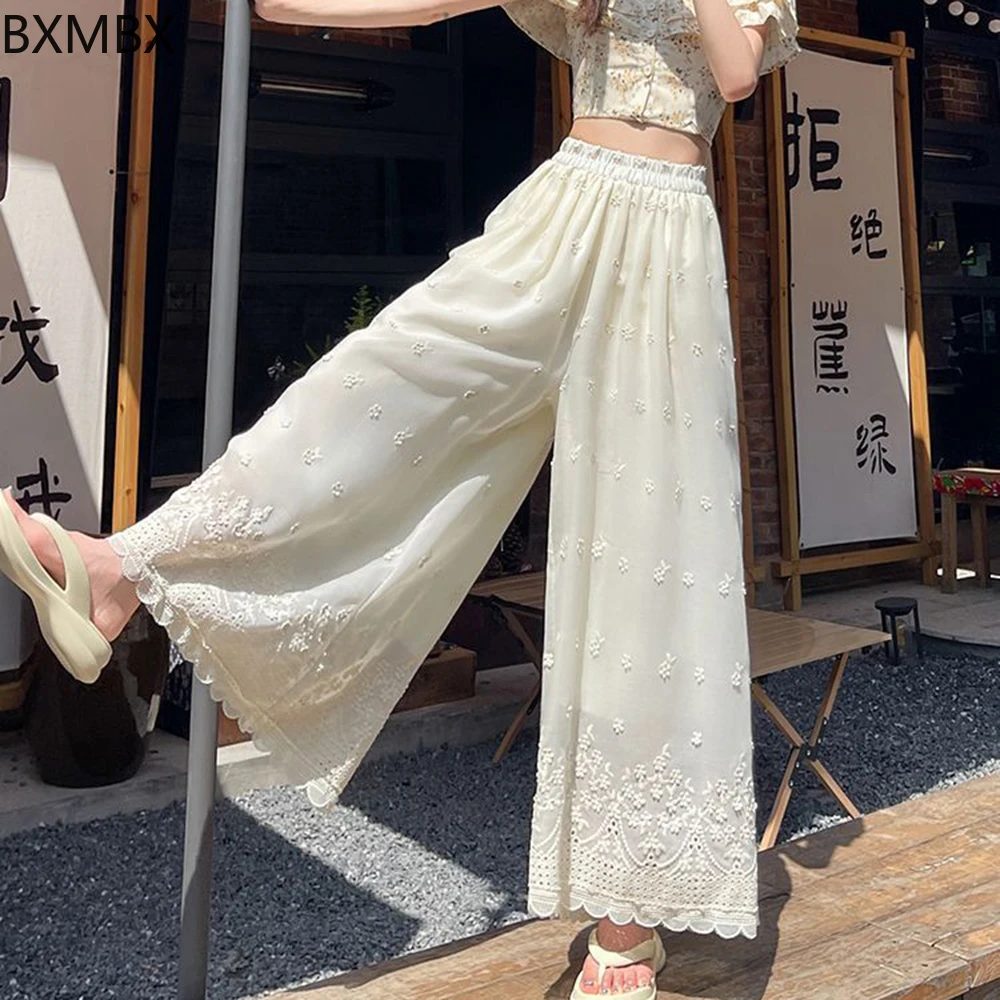

Gentle wind embroidered hollow wide-leg pants high waist thin elastic waist ruffle edge pants vertical nine-point pants