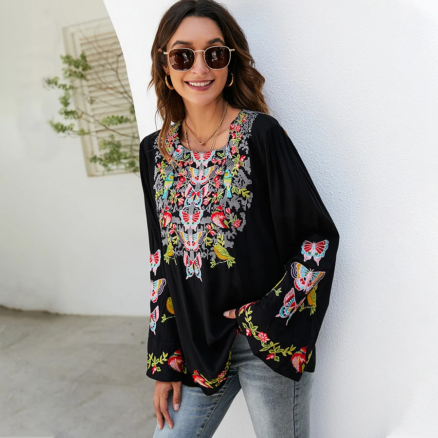 KHALEE YOSE Boho Embroidery Blouses Shirt Spring Autumn Women Mexican Shirt Vintage Long Sleeve 23xl Black Casual Ethnic Top