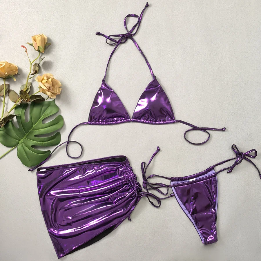 

2025 New Swimwear Women Sexy Shiny Green Halter 3 Pieces Bikini Set With Drawstring Beach Skirt Backless Swimsuit Beachwear