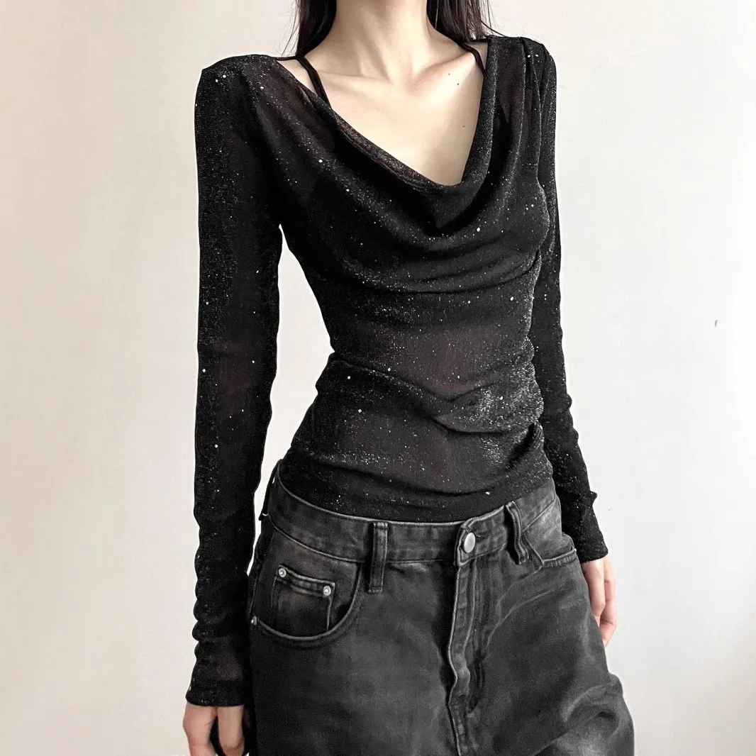 Salt Series Spicy Girl Design Sparkling V-Neck Long Sleeve T-Shirt Women's Slim Fit Versatile Top Trendy Spring Autumn Wear