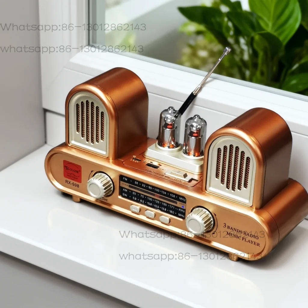 Rádio estéreo de dois canais FM, onda média, onda curta, alto-falante Bluetooth, estéreo com entrada para cartão.