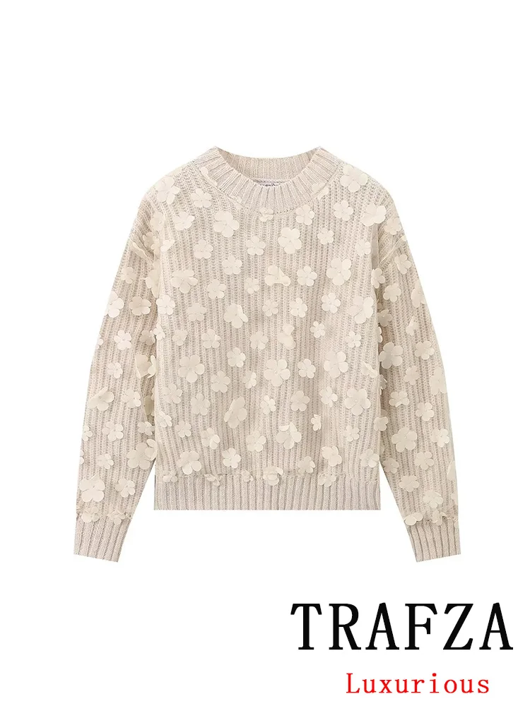 TRAFZA Vintage Casual Chic Women Sweater Solid O-Neck Flower Knitted Loose Sweater Fashion 2024 Autumn Holiday Female Sweater