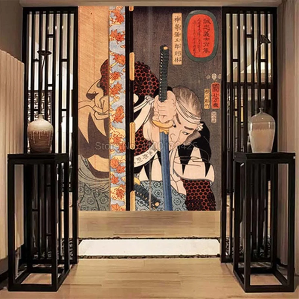 Japanese Style Samurai Warrior Partition Door Screen Restaurant Fabric Telescopic Rod Curtain Kitchen Window Wall Home Decor