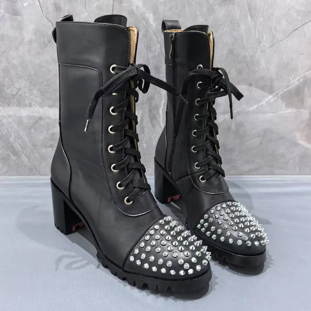 

Studded Round Toe Black Boots Lace-Up and Calf-Length Side Zipper Leather Shoes Large Size Casual Thick Heel Women's Boots