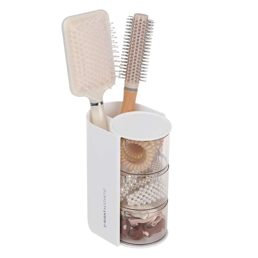 

Трехслойный прозрачный органайзер для аксессуаров для волос с держателем для расчесок, вращающаяся маленькая шкатулка для украшений (заколок, серег, ожерелий)