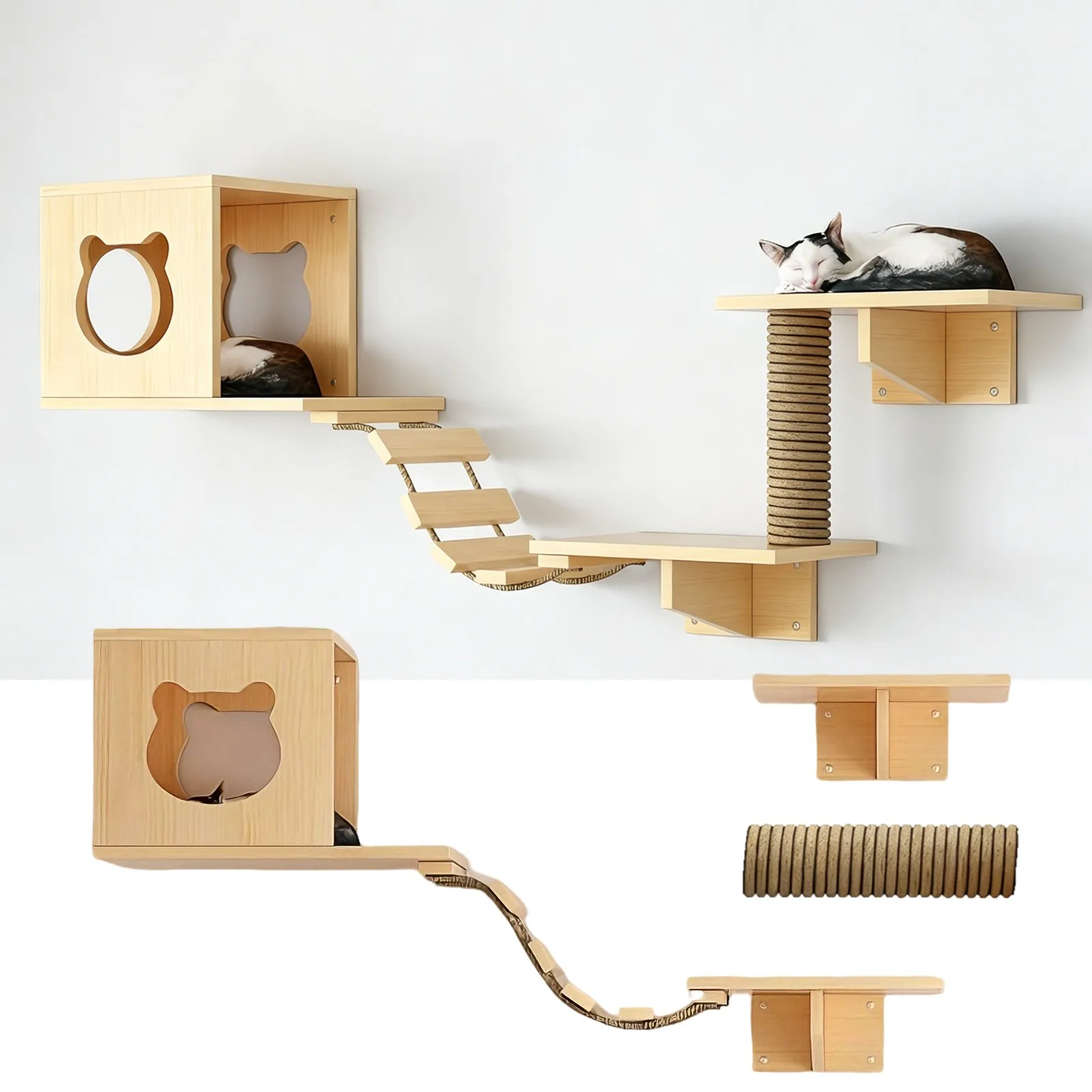 Structure murale d'escalade pour chat d'intérieur, avec étagères murales, plateforme de repos, pont, échelle, condo mural et poteau d'escalade pour le jeu et l'escalade
