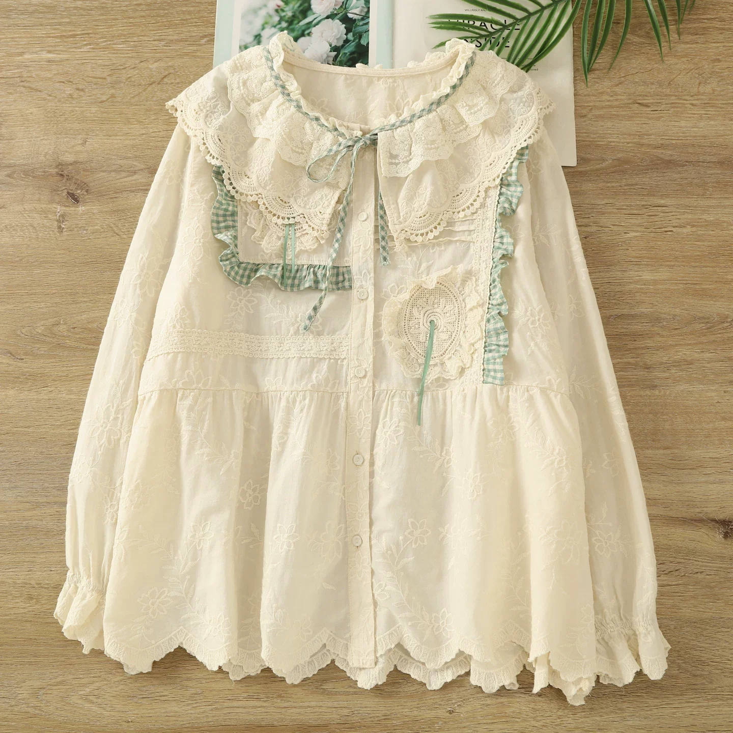 

2026 милая одежда в стиле Лолиты, кружевные лоскутные хлопковые рубашки в стиле мори для девочек, блузки с длинными рукавами, роскошная брендовая одежда в стиле каваи