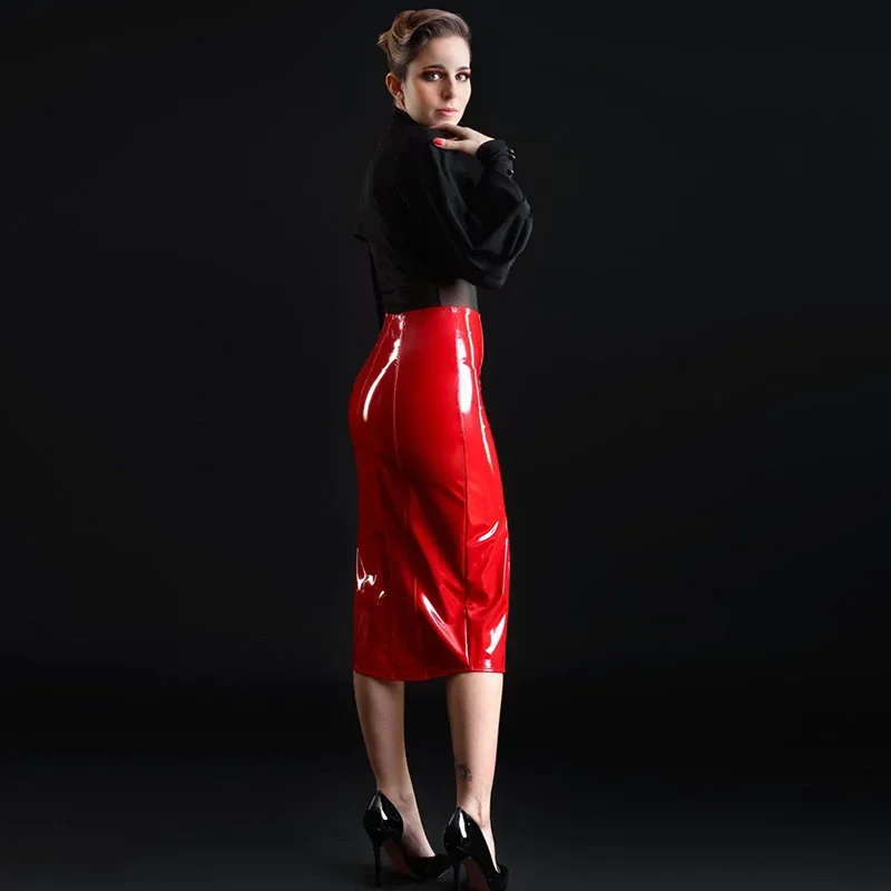 High Waist Faux PU Leather Midi Skirts Women Sexy Front Split Pencil Skirts Ladies Shiny Patent Leather Slim Clubwear New Custom