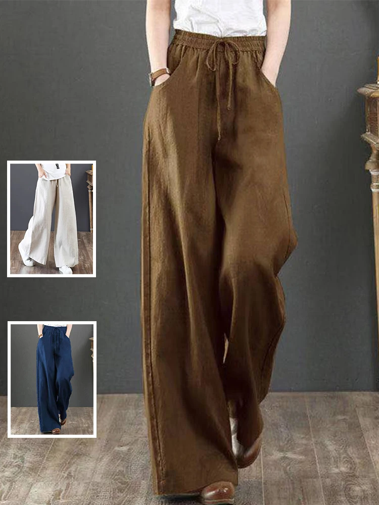 

High Waist Straight Leg Wide Leg Pants Pure Color Cotton Linen Casual Loose Fit Trousers for plus Size Women Autumn Spring