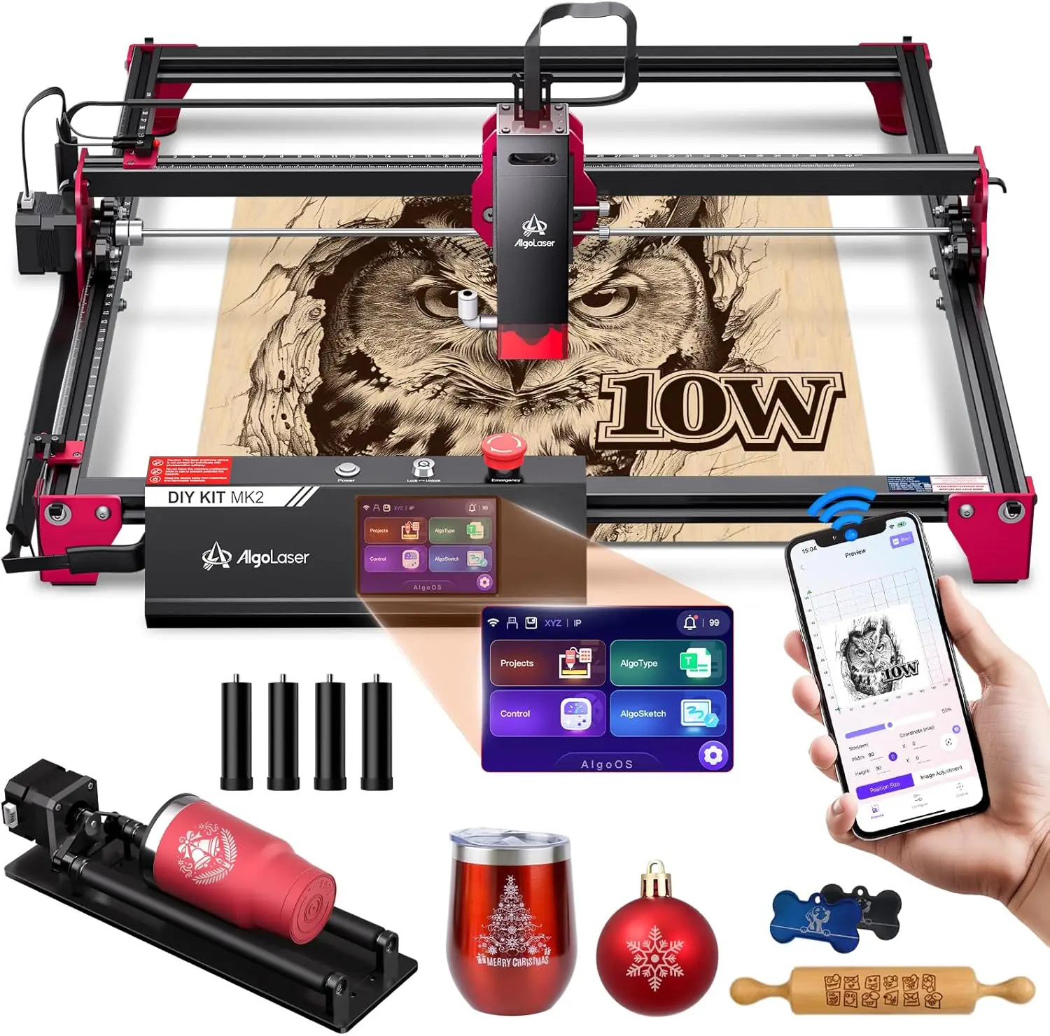

Laser Engraver Cutter With Rotary Roller Riser Smart Touchscreen Algoos For Wood Metal