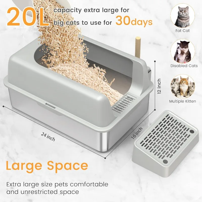 Stainless Steel Cat Litter Box, Enclosed Metal Litter Box with Lid, XL Extra Large Cat Litter Box for Big Cats,