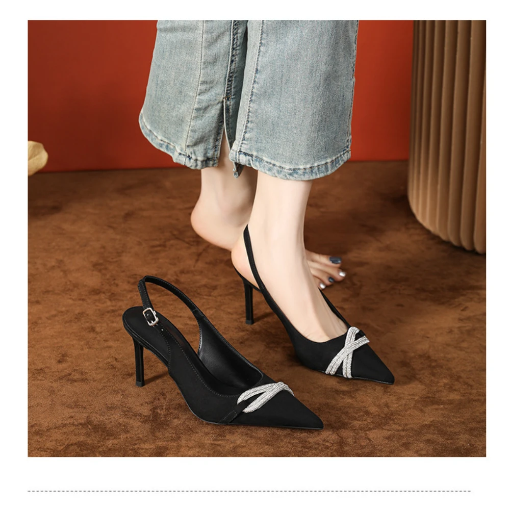 2025 New suede small man temperament empty high heels black high sense French rhinestone sandals women's summer wear slippers