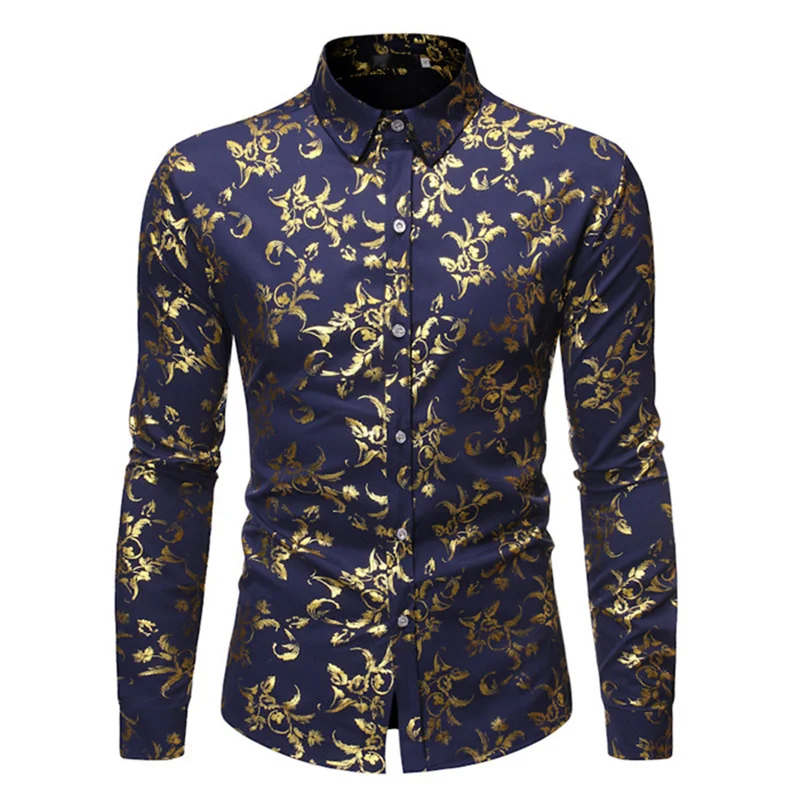 Long Sleeve Hawaiian Shirts Golden Floral Shirts Men Fashion Shirt Casual Beach Blouse Bussiness Camisa Men\'s Clothing Button Up