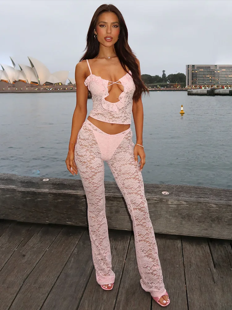 

Absobe Sheer Lace Patchwork Cut Out Flare Pants Set Women's Backless Lacing Tank Top Slim Trousers Sexy Outfit Party Streetwear