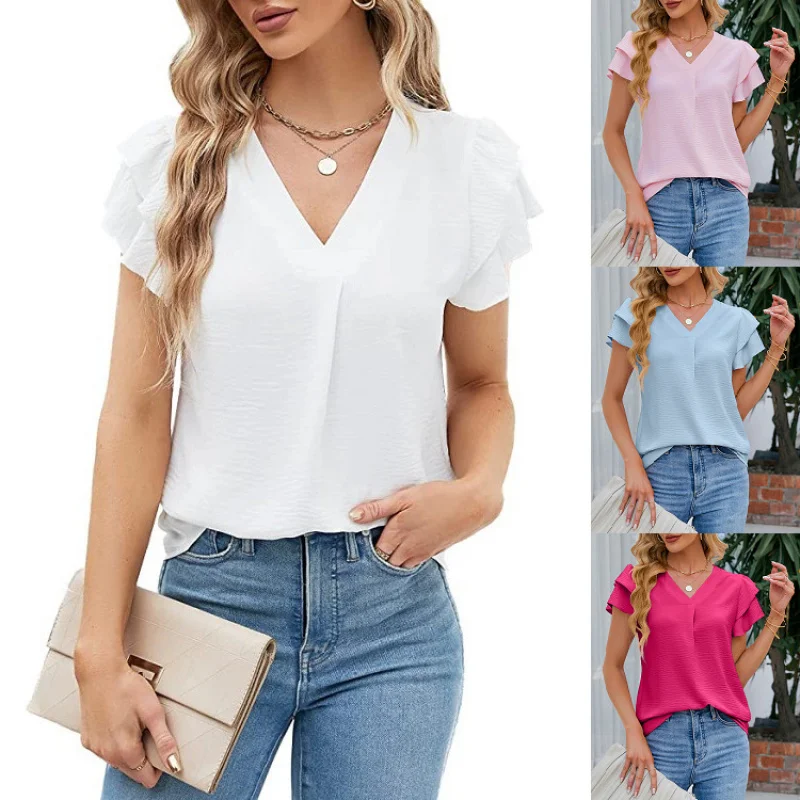 

2025 Summer Sexy V-Neck Ruffle Blouse Women's Loose Tops - Solid Color Short Sleeve OL Shirt, Workout & Casual Wear Fashion