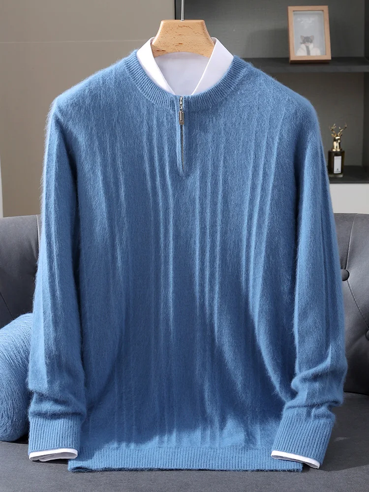 100% Mink Cashmere Thickening Sweater for Men O-neck Half Open Zipper Pullover Autumn Winter Knitwear Top Anti-pilling Clothing