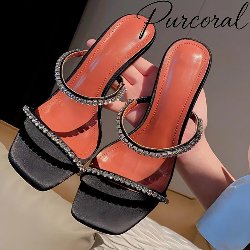 

Purcoral 2026 New Women's Rhinestone Square Toe Slide Sandals Open Toe Slip On Heeled Mules for Summer Party