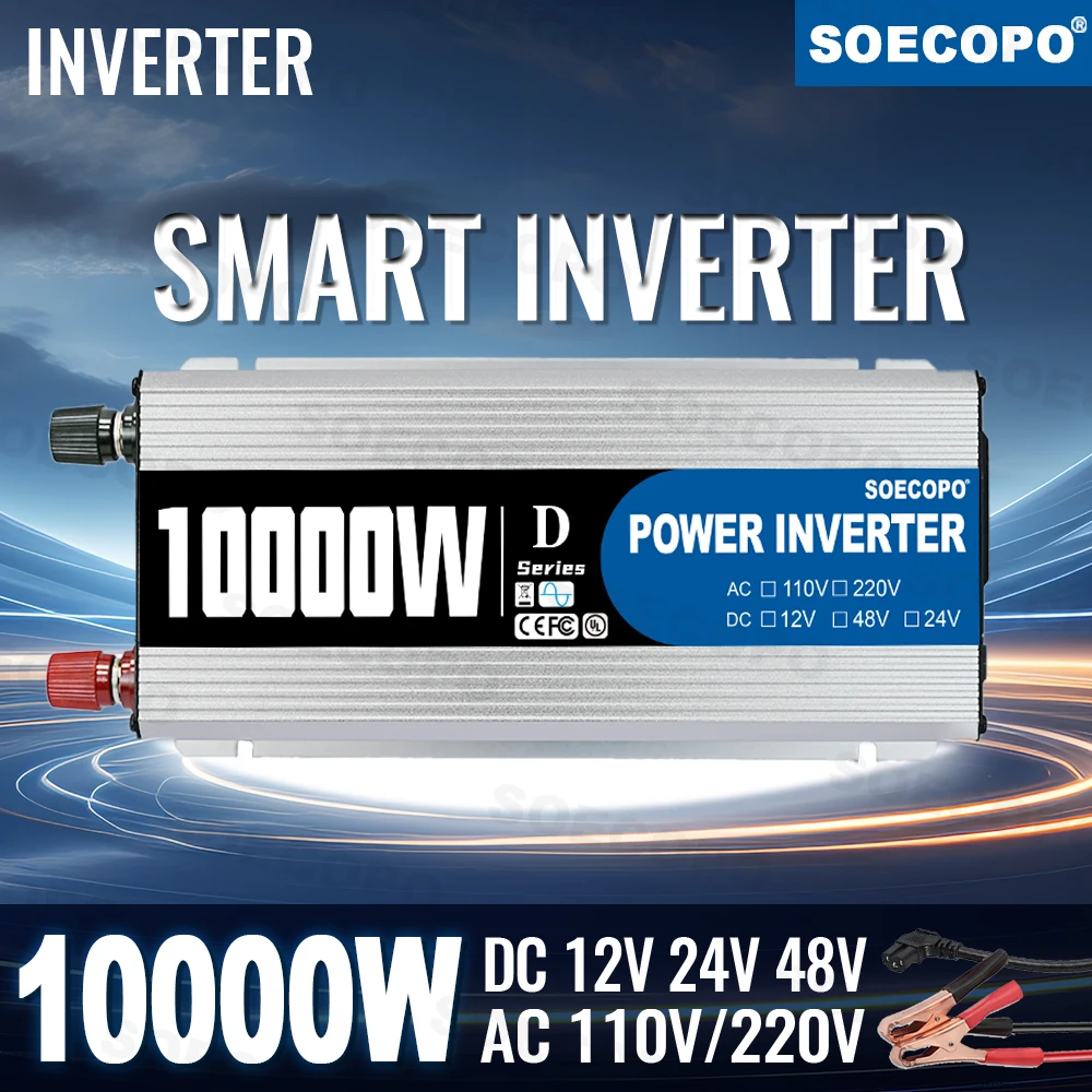 

Пиковый инвертор мощности 10000 Вт, 12 В/24 В/48 В постоянного тока в 110 В/220 В переменного тока с универсальной розеткой и USB-портами, ЖК-дисплей, умный вентилятор для кемпинга на колесах