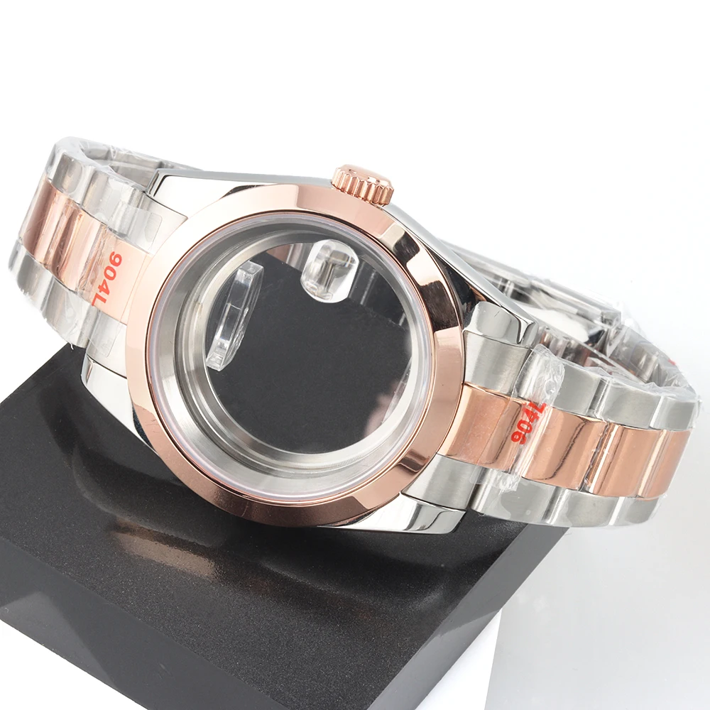 

36 мм 39 мм корпус для часов из розового серебра с сапфировым стеклом, полированный браслет Oyster, подходит для Datejust NH35 NH36, механизм 10ATM, водонепроницаемый корпус